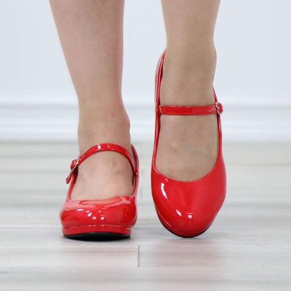 Red Patent Rockabilly Vintage Style Round Toe Kitten Low Heel Shoes - Picture 9 of 12